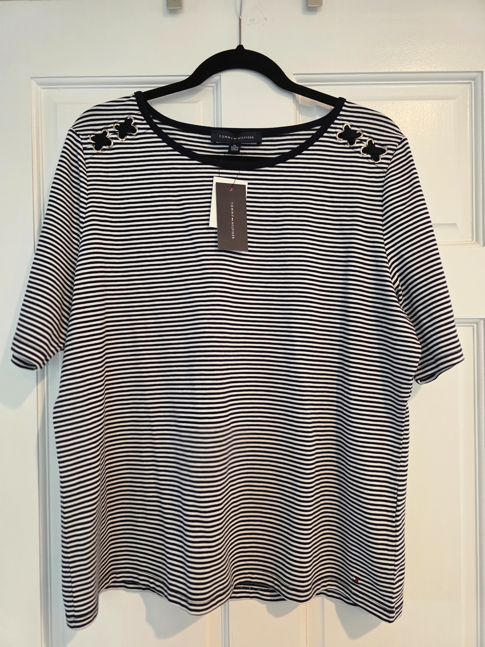 NWT Tommy Hilfiger Navy and White Striped Tee with Shoulder Appliqués